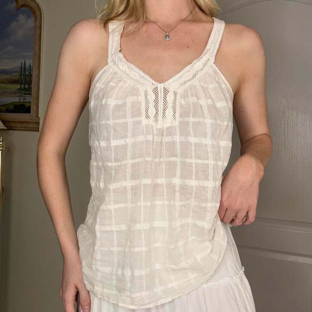 C&A Women White Lace Trim Cotton Babydoll Cami Top